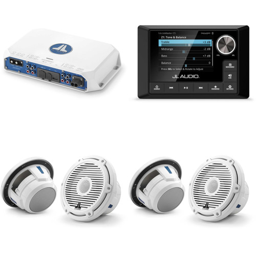 JL Audio MM105 & MV400/4i w/ (2) M6-770X-C-3Gw 7.7, Gloss White, White Tweeter, Classic Grille Speakers