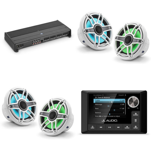 JL Audio MM105 & XDM800/8 w/ (2) M6-770X-S-GwGw-i, RGB LED Gloss White, Sport Grille Speakers
