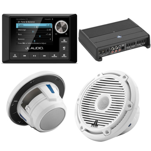 JL Audio MM105 & XDM400/4 w/ (2) M6-650X-C-3Gw 6.5, Gloss White, White Tweeter, Classic Grille Speakers