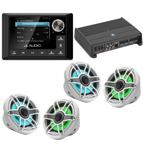 JL Audio MM105 & XDM400/4 w/ (2) M6-650X-S-GwGw-i, RGB LED Gloss White, Sport Grille Speakers