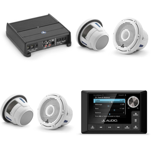 JL Audio MM105 & XDM200/2 w/ (2) M6-880X-C-3Gw 8.8, Gloss White, White Tweeter, Classic Grille Speakers