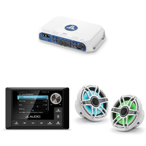 JL Audio MM105 & MV400/4i w/ M6-770X-S-GwGw-i, RGB LED Gloss White, Sport Grille Speakers