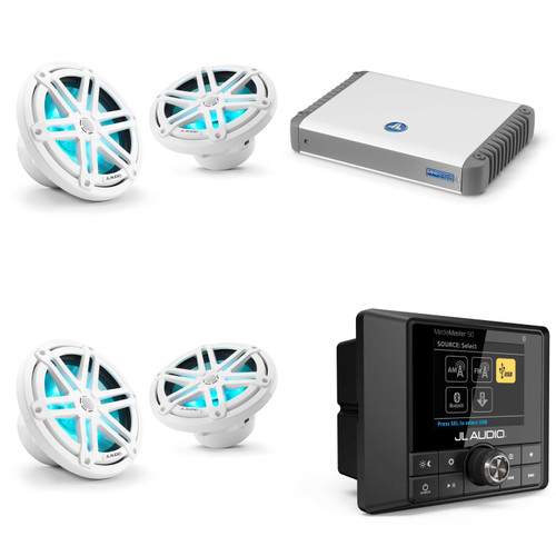 JL Audio MM50 & MHD600/4 w/ (2) M3-770X-S-Gw-i RGB LED 7.7 Sport Grill White Speakers