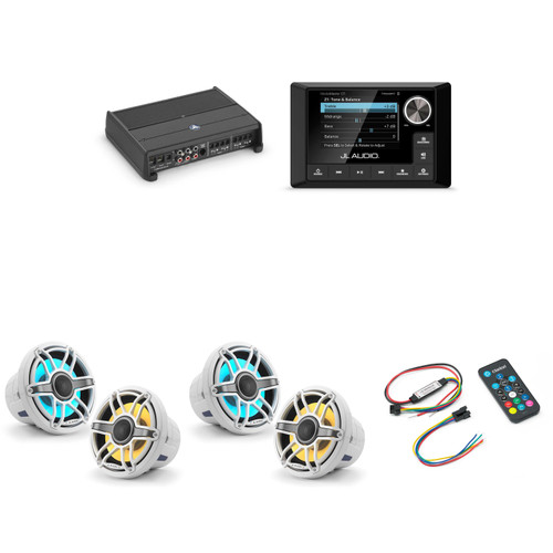 JL Audio MM105 & XDM400/4 w/ (2) M6-880X-S-GwGw-i, RGB LED Gloss White, Sport Grille Speakers & LED Controller