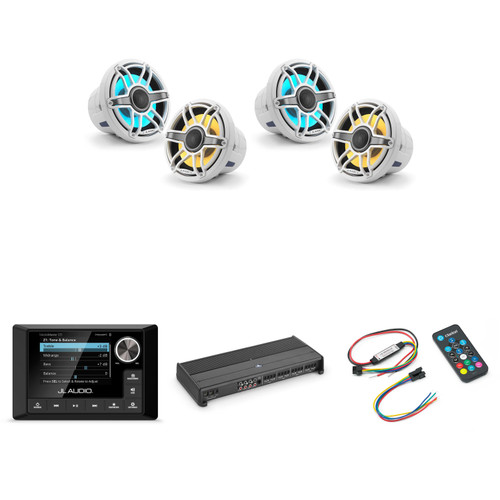 JL Audio MM105 & XDM800/8 w/ (2) M6-880X-S-GwGw-i, RGB LED Gloss White, Sport Grille Speakers & LED Controller