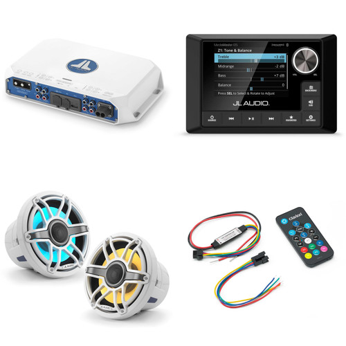 JL Audio MM105 & MV400/4i w/ M6-880X-S-GwGw-i, RGB LED Gloss White, Sport Grille Speakers & LED Controller