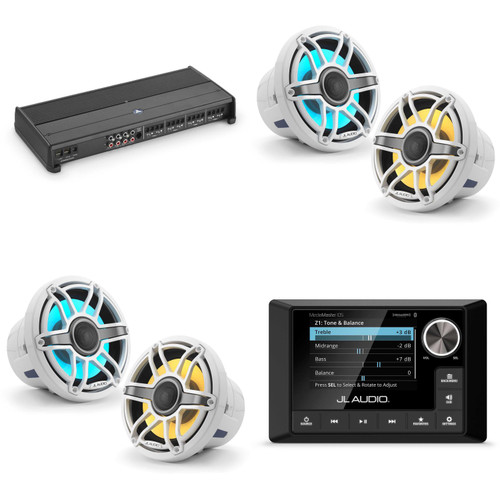 JL Audio MM105 & XDM800/8 w/ (2) M6-880X-S-GwGw-i, RGB LED Gloss White, Sport Grille Speakers