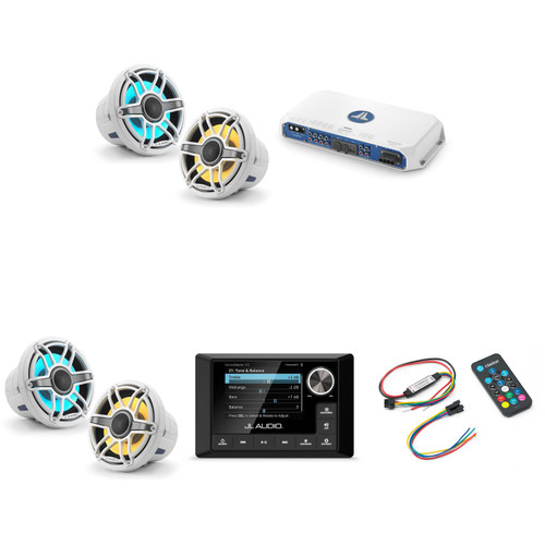 JL Audio MM105 & MV800/8i w/ (2) M6-880X-S-GwGw-i, RGB LED Gloss White, Sport Grille Speakers & LED Controller