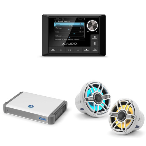 JL Audio MM105 & MHD600/4 w/ M6-880X-S-GwGw-i, RGB LED Gloss White, Sport Grille Speakers