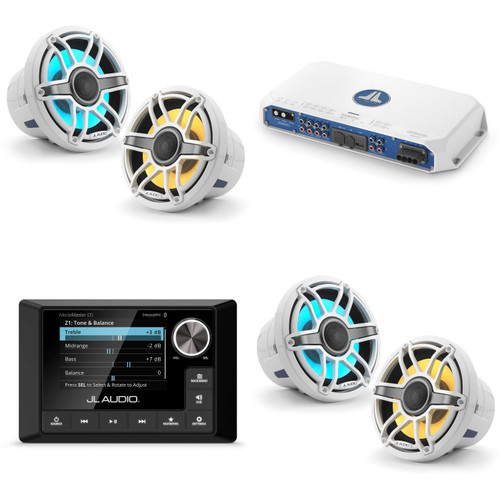 JL Audio MM105 & MV800/8i w/ (2) M6-880X-S-GwGw-i, RGB LED Gloss White, Sport Grille Speakers
