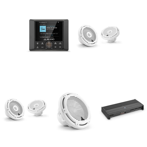 JL Audio Marine System, MM55 Media Master Source Unit, M3 6.5" (2 pair ) & 10" Subwoofer Classic Grill White Bundle Includes XDM1000/5 5 Ch. Marine Amplifier