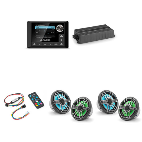 JL Audio MM105 & MX500/4 w/ (2) M6-770X-S-Gmti-i, RGB LED, Gunmetal & Titanium Sport Grille Speakers & LED Controller