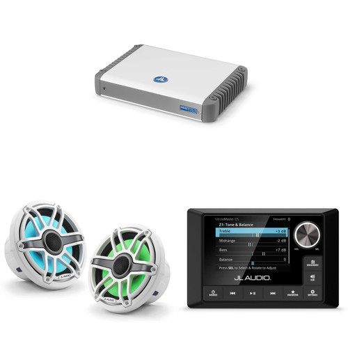 JL Audio MM105 & MHD600/4 w/ M6-770X-S-GwGw-i, RGB LED Gloss White, Sport Grille Speakers
