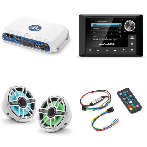 JL Audio MM105 & MV400/4i w/ M6-770X-S-GwGw-i, RGB LED Gloss White, Sport Grille Speakers & LED Controller