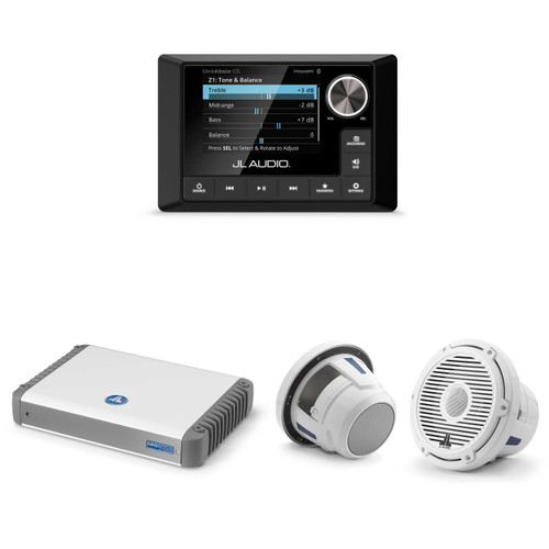 JL Audio MM105 & MHD600/4 w/ M6-880X-C-3Gw 8.8, Gloss White, White Tweeter, Classic Grille Speakers