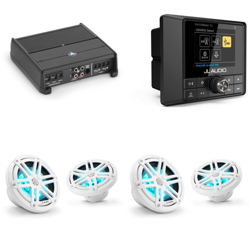 JL Audio MM50 & XDM200/2 w/ (2) M3-650X-S-Gw-i RGB LED 6.5 Sport Grill White Speakers