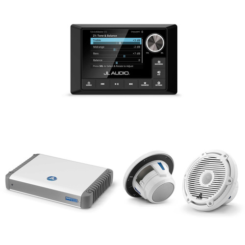 JL Audio MM105 & MHD600/4 w/ M6-650X-C-3Gw 6.5, Gloss White, White Tweeter, Classic Grille Speakers