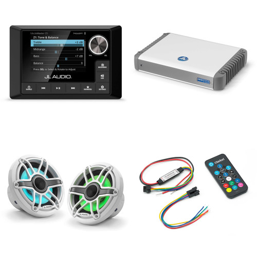 JL Audio MM105 & MHD600/4 w/ M6-650X-S-GwGw-i, RGB LED Gloss White, Sport Grille Speakers & LED Controller