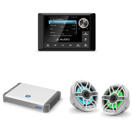 JL Audio MM105 & MHD600/4 w/ M6-650X-S-GwGw-i, RGB LED Gloss White, Sport Grille Speakers