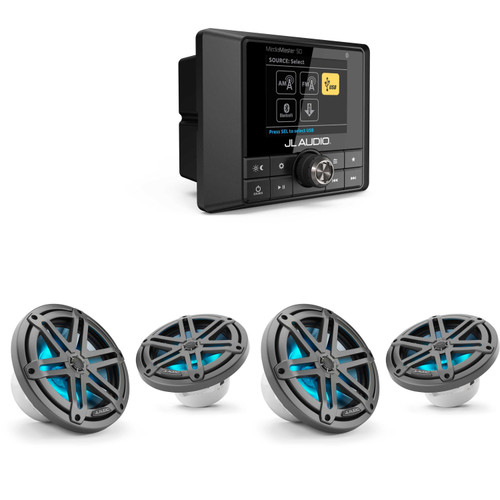JL Audio MM50 - Marine source w/ (2) M3-770X-S-Gm-i LED 7.7 Sport Grill Gunmetal Speakers