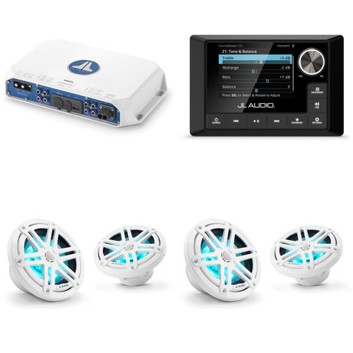 JL Audio MM105 & MV400/4i w/ (2) M3-650X-S-Gw-i RGB LED 6.5 Sport Grill White Speakers