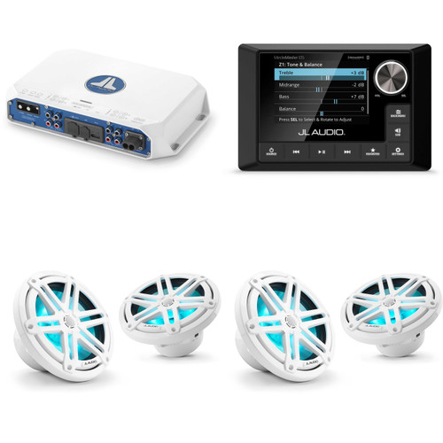 JL Audio MM105 & MV400/4i w/ (2) M3-770X-S-Gw-i RGB LED 7.7 Sport Grill White Speakers