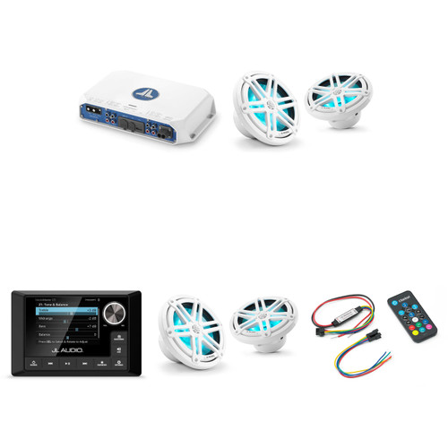 JL Audio MM105 & MV400/4i w/ (2) M3-770X-S-Gw-i RGB LED 7.7 Sport Grill White Speakers & LED Remote