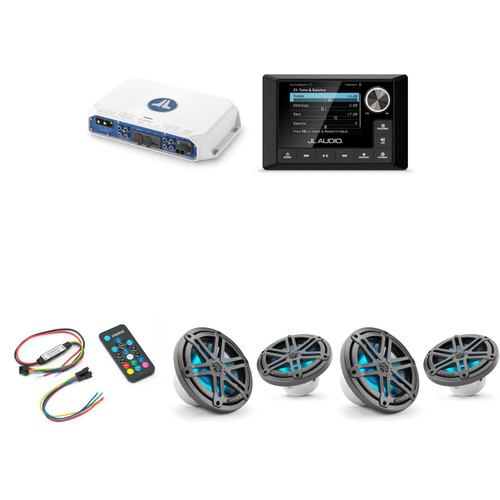 JL Audio MM105 & MV400/4i w/ (2) M3-770X-S-Gm-i LED 7.7 Sport Grill Gunmetal Speakers & LED Remote