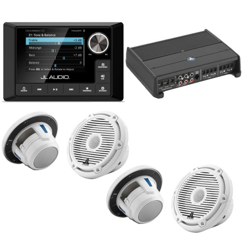 JL Audio MM105 & XDM400/4 w/ M6-650X-C-3Gw 6.5, Gloss White, White Tweeter, Classic Grille Speakers