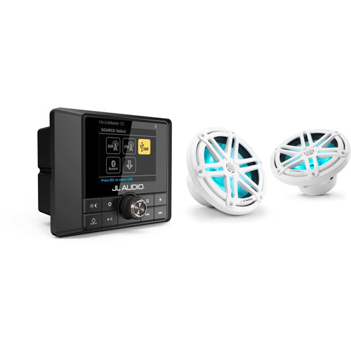 JL Audio MM50 - Marine source w/ M3-770X-S-Gw-i RGB LED 7.7 Sport Grill White Speakers