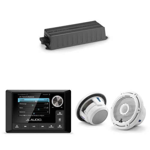 JL Audio MM105 & MX280/4 w/ M6-770X-C-3Gw 7.7, Gloss White, White Tweeter, Classic Grille Speakers