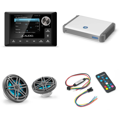 JL Audio MM105 & MHD600/4 w/ M3-650X-S-Gm-i LED 6.5 Sport Grill Gunmetal Speakers & LED Remote