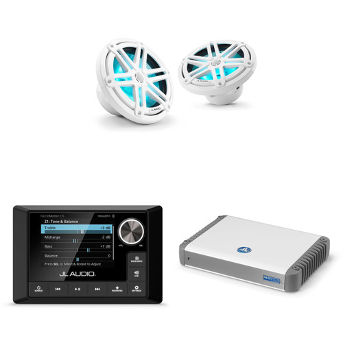 JL Audio MM105 & MHD600/4 w/ M3-770X-S-Gw-i RGB LED 7.7 Sport Grill White Speakers