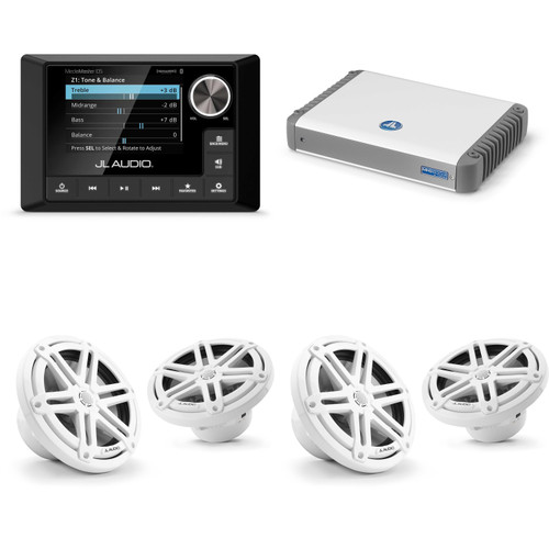 JL Audio MM105 & MHD600/4 w/ (2) M3-770X-S-Gw 7.7 Sport Grill White Speakers