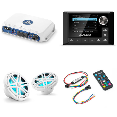 JL Audio MM105 & MV400/4i w/ M3-770X-S-Gw-i RGB LED 7.7 Sport Grill White Speakers & LED Remote