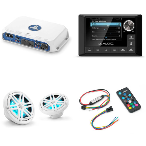 JL Audio MM105 & MV400/4i w/ M3-650X-S-Gw-i RGB LED 6.5 Sport Grill White Speakers & LED Remote