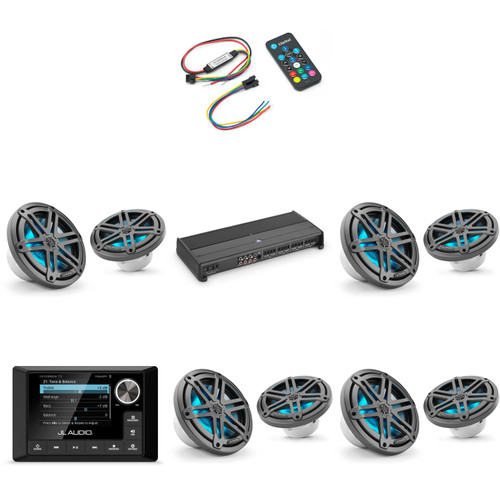 JL Audio MM105 & XDM800/8 w/ (4) M3-770X-S-Gm-i LED 7.7 Sport Grill Gunmetal Speakers & LED Remote
