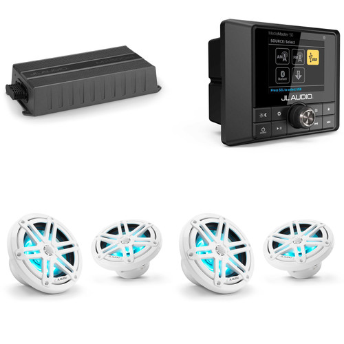 JL Audio MM50 & MX500/4 w/ (2) M3-650X-S-Gw-i RGB LED 6.5 Sport Grill White Speakers