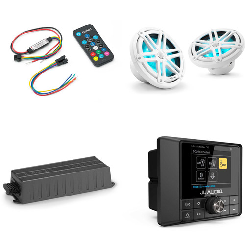 JL Audio MM50 & MX280/4 w/ M3-770X-S-Gw-i RGB LED 7.7 Sport Grill White Speakers & LED Remote