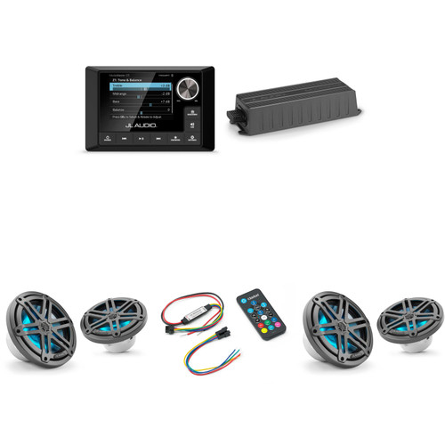 JL Audio MM105 & MX280/4 w/ (2) M3-770X-S-Gm-i LED 7.7 Sport Grill Gunmetal Speakers & LED Remote