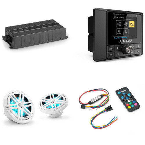 JL Audio MM50 & MX500/4 w/ M3-650X-S-Gw-i RGB LED 6.5 Sport Grill White Speakers & LED Remote