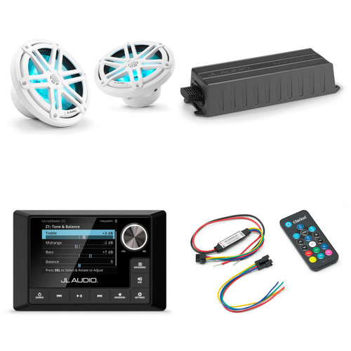 JL Audio MM105 & MX280/4 w/ M3-770X-S-Gw-i RGB LED 7.7 Sport Grill White Speakers & LED Remote
