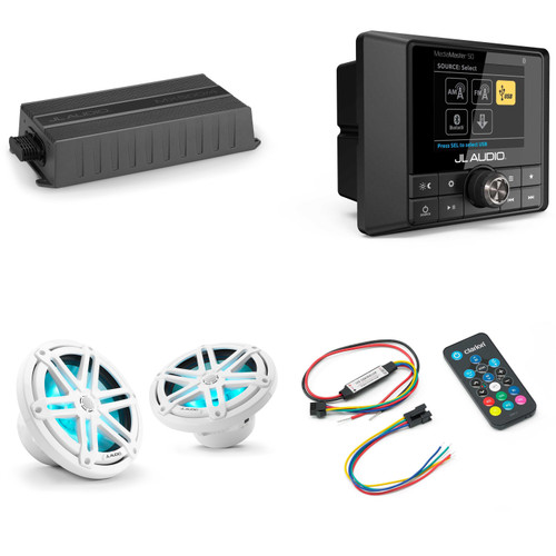 JL Audio MM50 & MX500/4 w/ M3-770X-S-Gw-i RGB LED 7.7 Sport Grill White Speakers & LED Remote