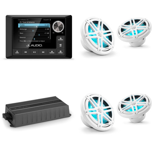 JL Audio MM105 & MX500/4 w/ (2) M3-770X-S-Gw-i RGB LED 7.7 Sport Grill White Speakers