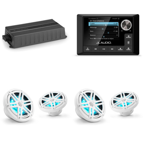 JL Audio MM105 & MX500/4 w/ (2) M3-650X-S-Gw-i RGB LED 6.5 Sport Grill White Speakers
