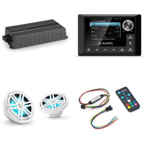JL Audio MM105 & MX500/4 w/ M3-650X-S-Gw-i RGB LED 6.5 Sport Grill White Speakers & LED Remote
