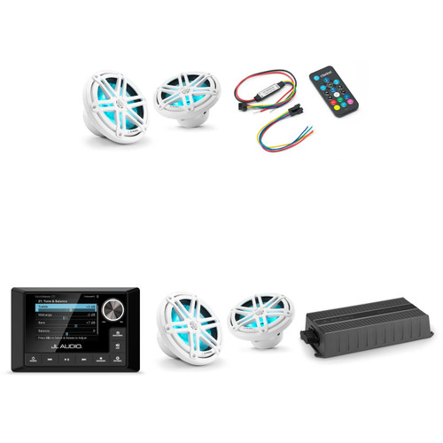JL Audio MM105 & MX500/4 w/ (2) M3-770X-S-Gw-i RGB LED 7.7 Sport Grill White Speakers & LED Remote