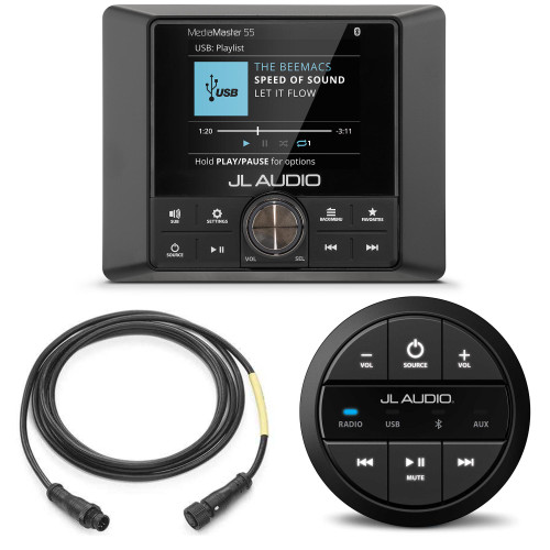 JL Audio MM55 marine source unit full color LCD display, MMR-20-BE: Round, wired, non-display remote controller & 25 foot cable