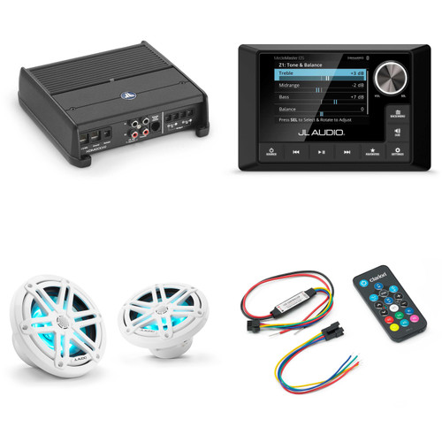 JL Audio MM105 & XDM200/2 w/ M3-650X-S-Gw-i RGB LED 6.5 Sport Grill White Speakers & LED Remote
