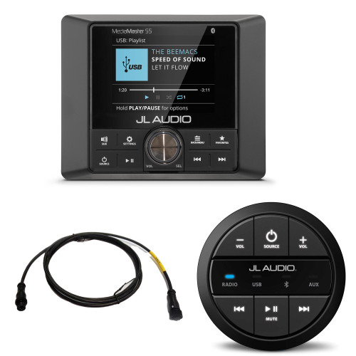 JL Audio MM55 marine source unit full color LCD display, MMR-20-BE: Round, wired, non-display remote controller & 6 foot cable